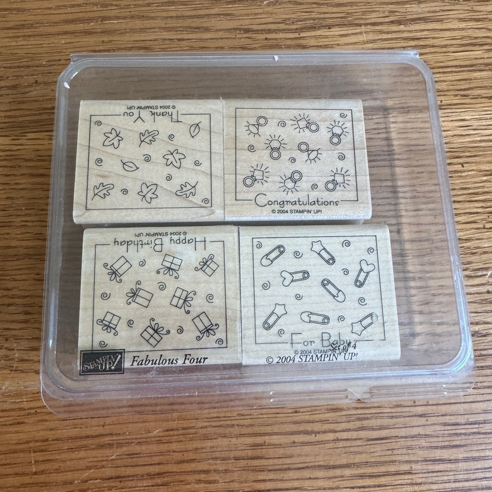 Stampin Up Fabulous Four Wood‎ Mounted Rubber Stamp Set Birthday Baby Thank You